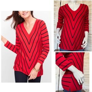 Talbots Women's Sz XL Red/Black Chevron Striped 3/4 Sleeve Knit Sweater Pullover